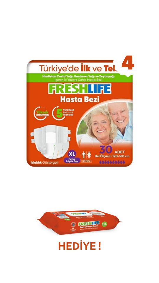 Freshlife Yetişkin Hasta Bezi Xl 4 Paket 120 Adet + Freshlife Vücut Temizleme Mendili Hediye ! Maksimum Konfor Maksimum Emicilik ( EKONOMİK PAKET )