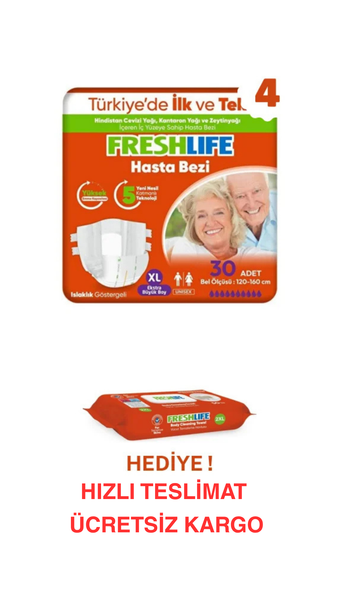 Freshlife Yetişkin Hasta Bezi Xl 4 Paket 120 Adet + Freshlife Vücut Temizleme Mendili Hediye ! Maksimum Konfor Maksimum Emicilik ( EKONOMİK PAKET )