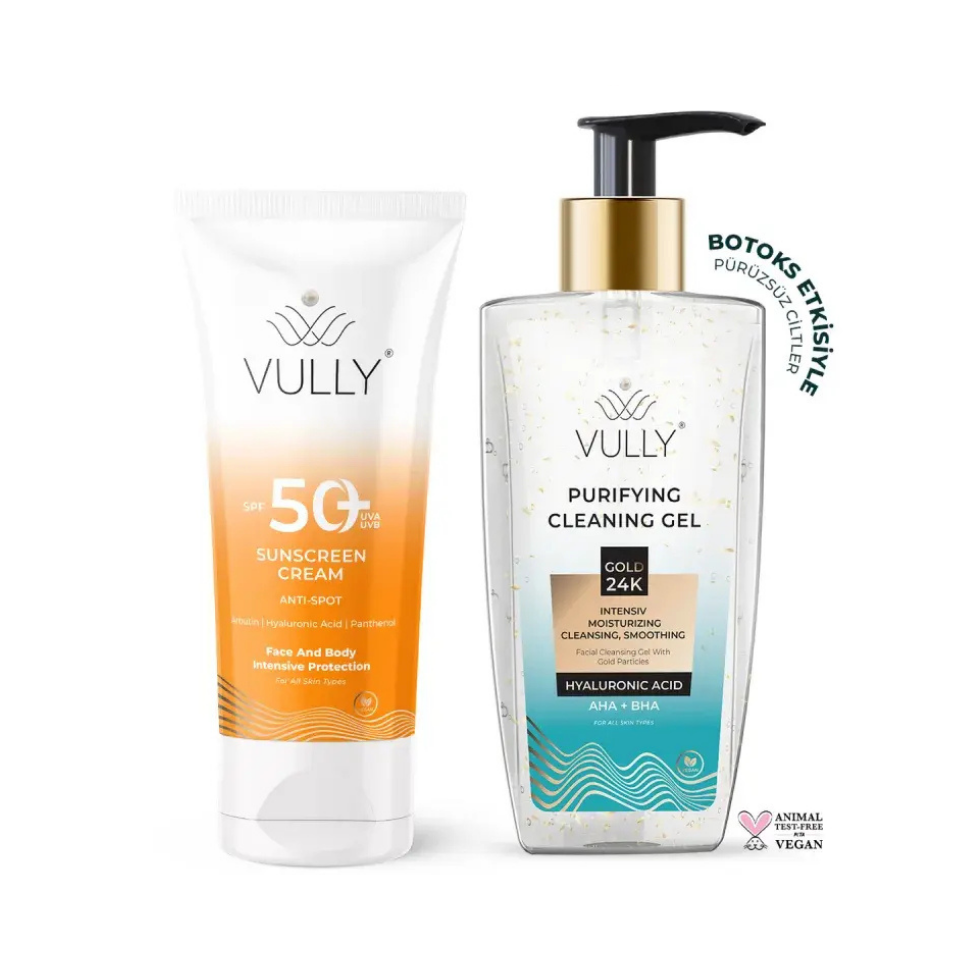 VULLY 24k Altın Parçacıklı Yüz Temizleme Jeli + Leke Karşıtı Spf+50 Güneş Kremi