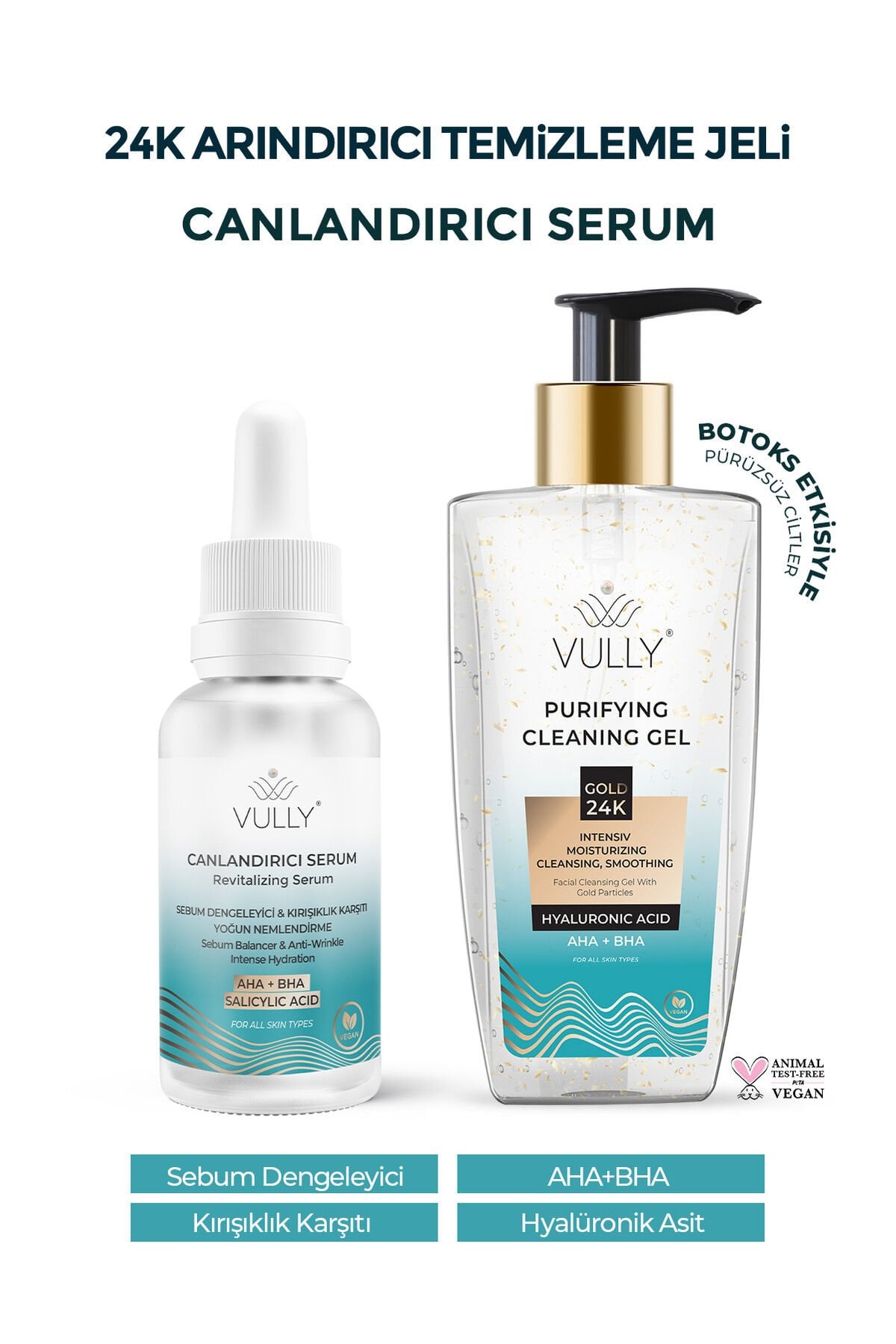 VULLY 24k Altın Parçacıklı Yüz Temizleme Jeli +Kırışık Karşıtı-Sebum Dengeleyici-Canlandırıcı Serum 30 Ml