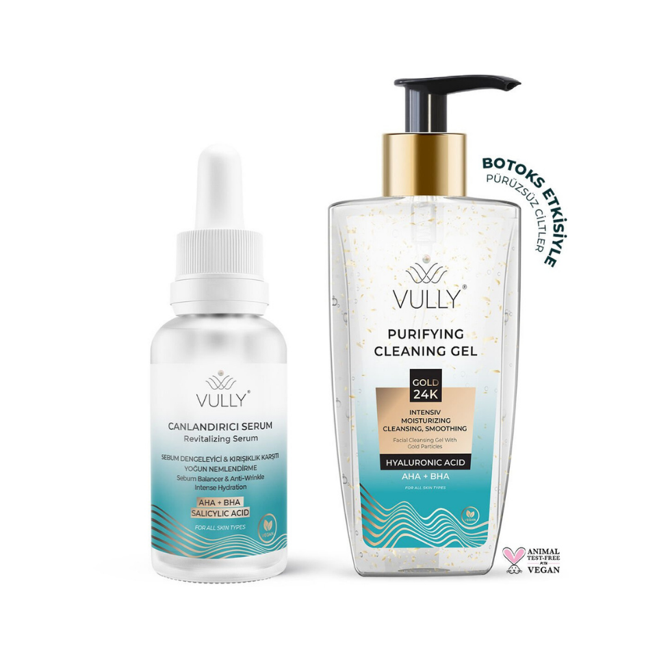 VULLY 24k Altın Parçacıklı Yüz Temizleme Jeli +Kırışık Karşıtı Canlandırıcı Serum 30 Ml