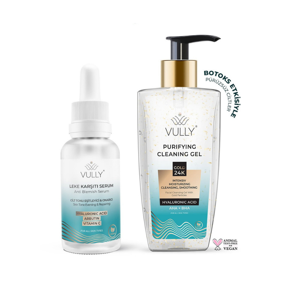 VULLY 24k Altın Parçacıklı Yüz Temizleme Jeli +Cilt Tonu Eşitleyici Serum 30ml