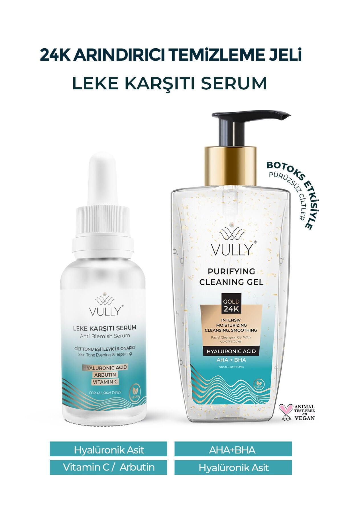 VULLY 24k Altın Parçacıklı Yüz Temizleme Jeli +Cilt Tonu Eşitleyici Serum 30ml