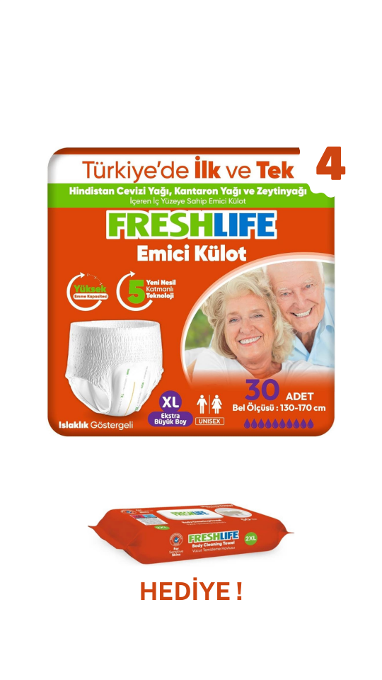 FRESHLİFE EMİCİ KÜLOT XL (EKSTRA BÜYÜK BOY) 120 ADET + Freshlife Vücut Temizleme Mendili Hediye ! Maksimum Emicilik & Maksimum Konfor ( EKONOMİK PAKET)