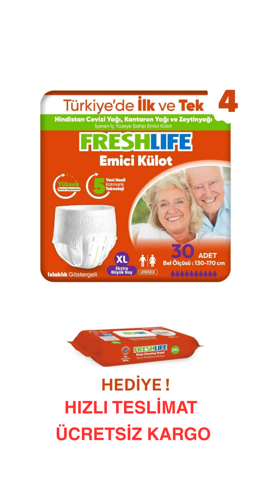 FRESHLİFE EMİCİ KÜLOT XL (EKSTRA BÜYÜK BOY) 120 ADET + Freshlife Vücut Temizleme Mendili Hediye ! Maksimum Emicilik & Maksimum Konfor ( EKONOMİK PAKET)