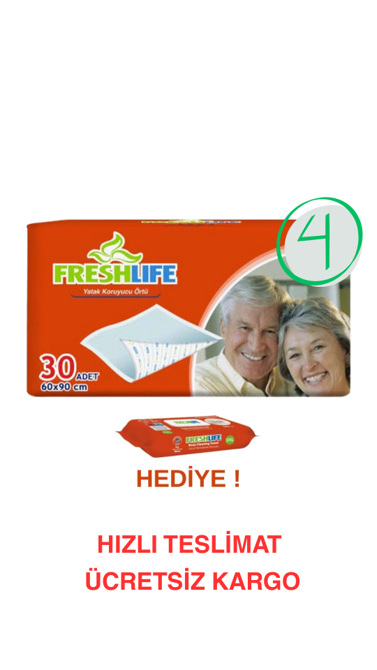 Freshlife 60x90 Yatak Koruyucu 4 Paket 120 Adet + Freshlife Vücut Temizleme Mendili Hediye ! Maksimum Emicilik & Maksimum Konfor ( EKONOMİK PAKET )