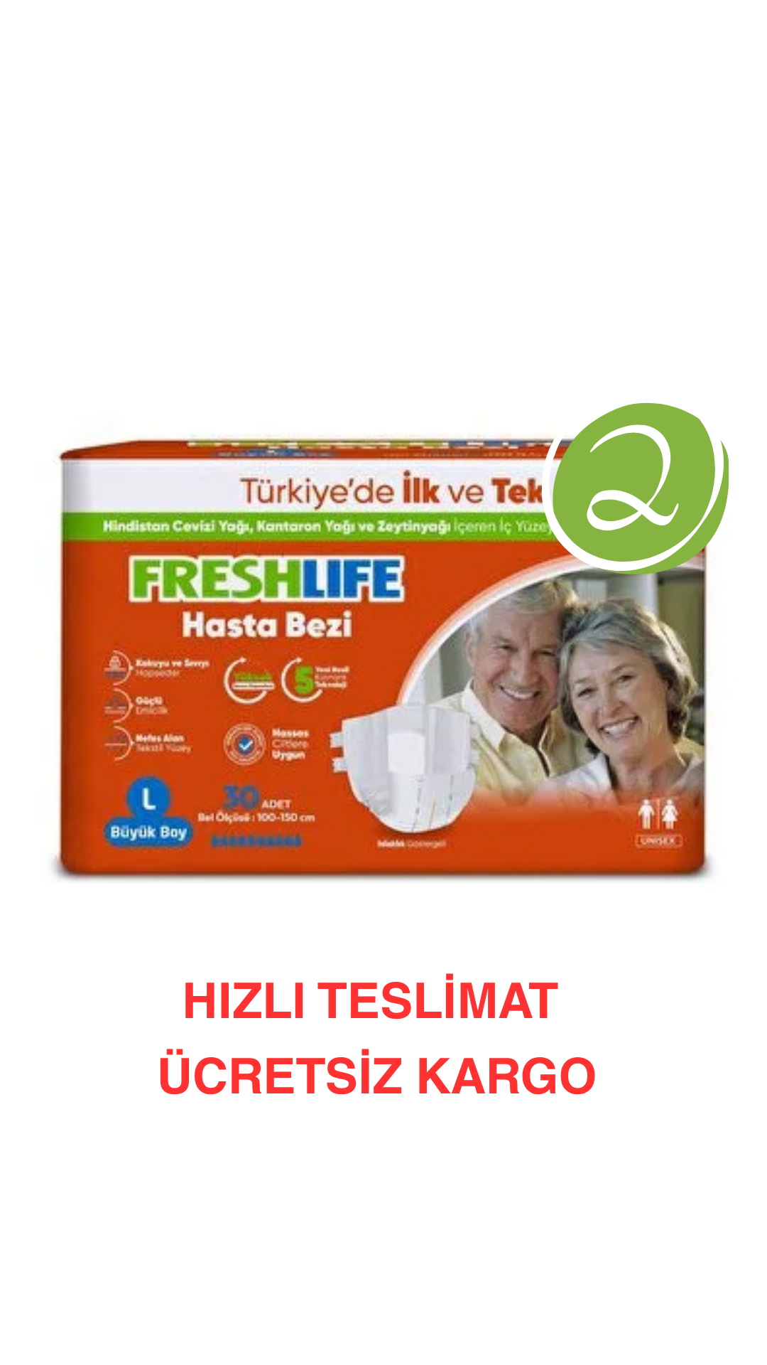 Freshlife L Beden Bel Bantlı Hasta Bezi 2 PAKET (60 ADET) Maksimum Emicilik & Maksimum Konfor ( EKONOMİK PAKET )