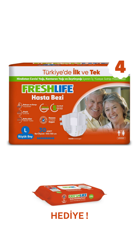 Freshlife L Beden Bel Bantlı Hasta Bezi 4 PAKET (120 ADET) + Freshlife Vücut Temizleme Mendili Hediye ! Maksimum Emicilik & Maksimum Konfor ( EKONOMİK PAKET )