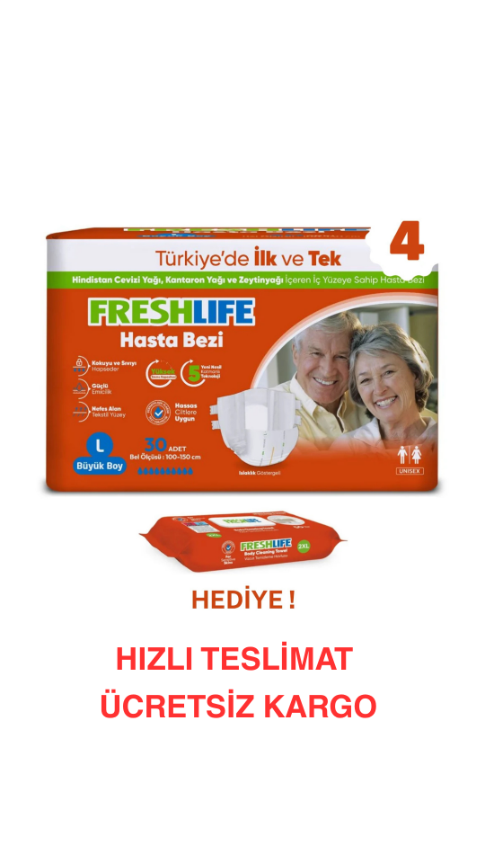 Freshlife L Beden Bel Bantlı Hasta Bezi 4 PAKET (120 ADET) + Freshlife Vücut Temizleme Mendili Hediye ! Maksimum Emicilik & Maksimum Konfor ( EKONOMİK PAKET )