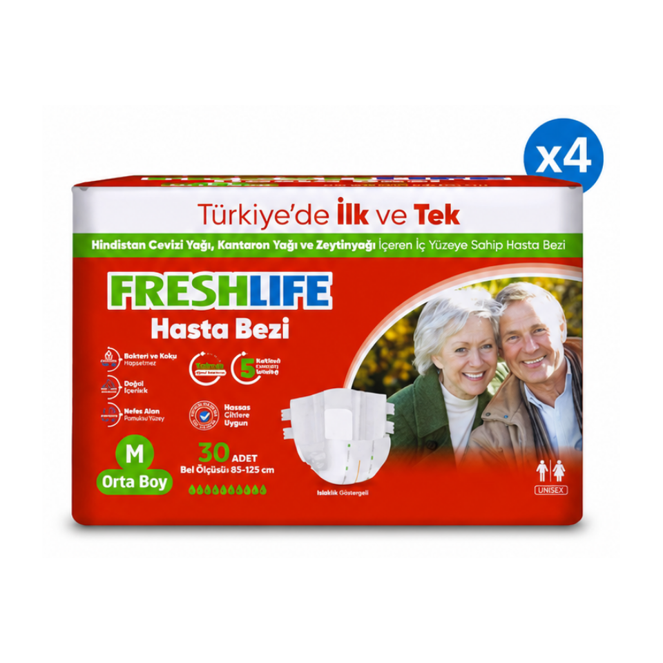 Freshlife M Beden Bel Bantlı Hasta Bezi 4 PAKET (120 ADET)