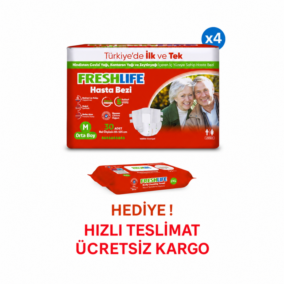Freshlife M Beden Bel Bantlı Hasta Bezi 4 PAKET (120 ADET)