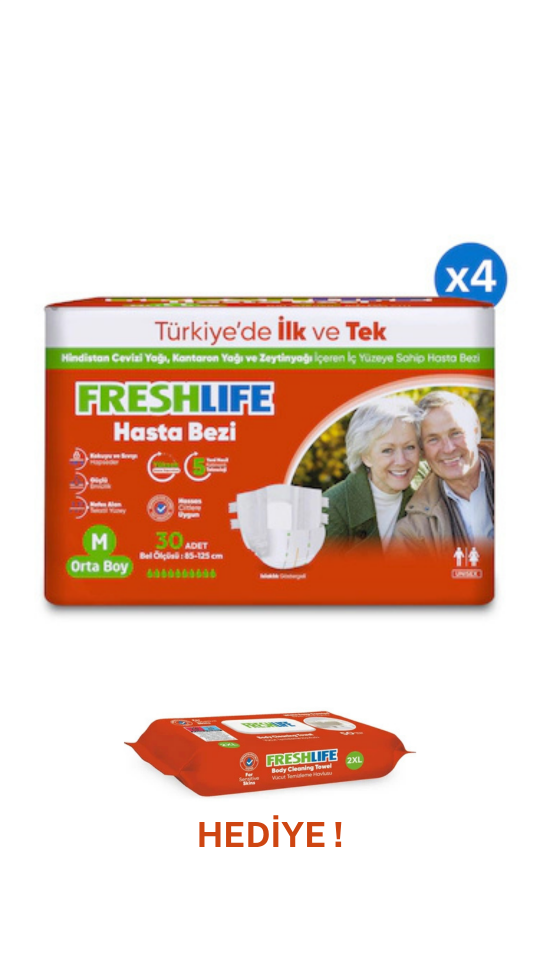 Freshlife M Beden Bel Bantlı Hasta Bezi 4 PAKET (120 ADET) + Freshlife Vücut Temizleme Mendili Hediye ! Maksimum Emicilik & Maksimum Konfor ( EKONOMİK PAKET )