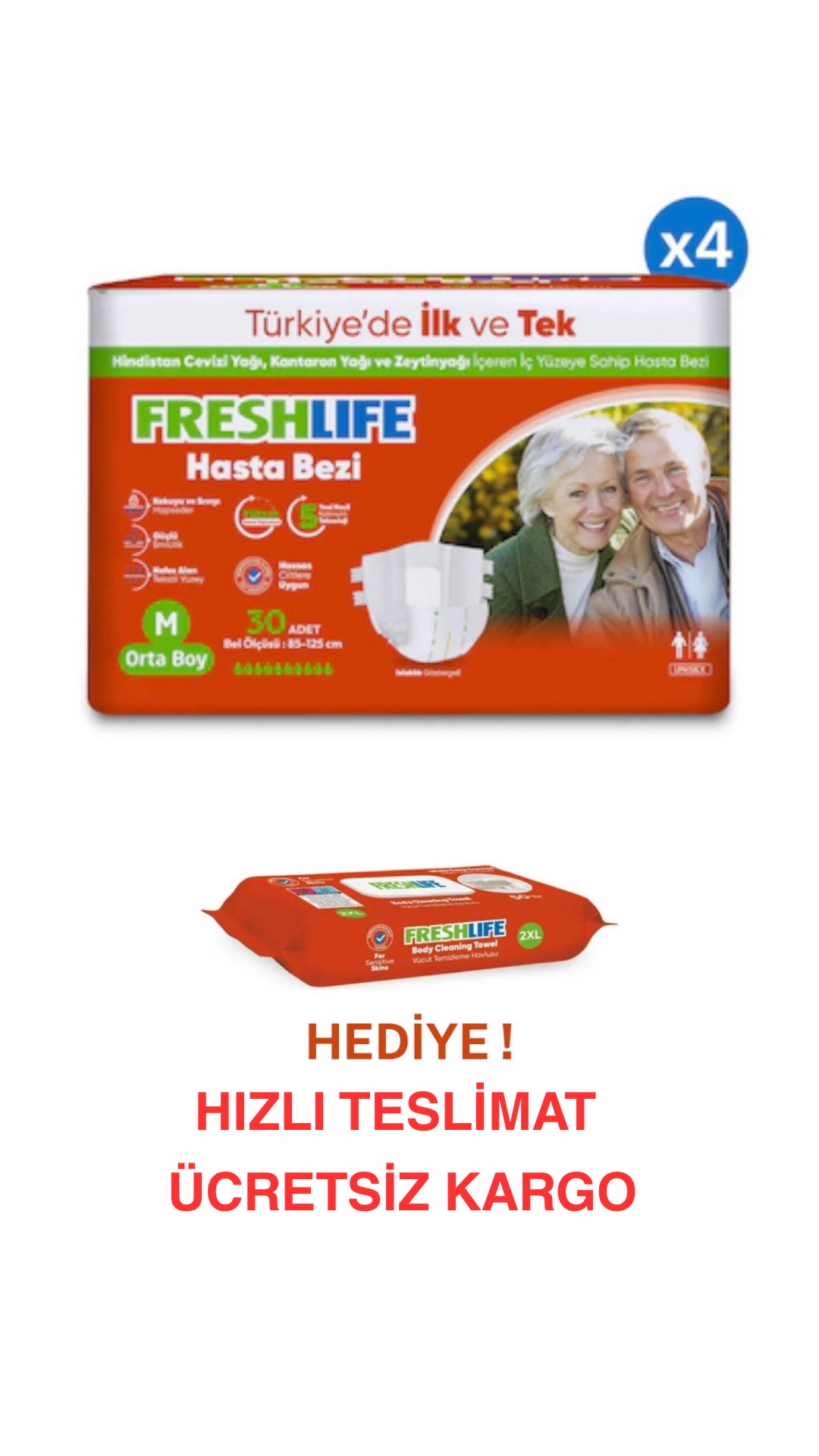 Freshlife M Beden Bel Bantlı Hasta Bezi 4 PAKET (120 ADET)