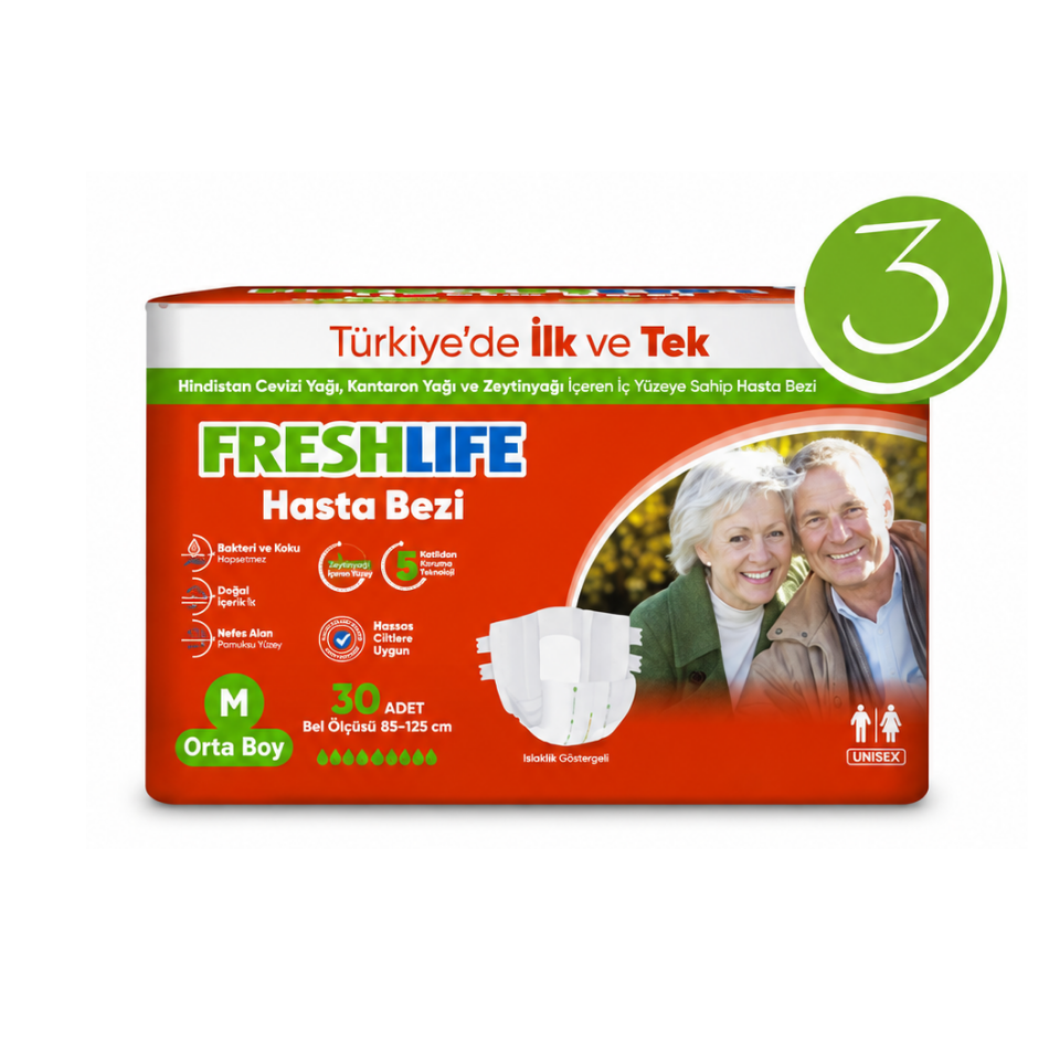 Freshlife M Beden Bel Bantlı Hasta Bezi 3 PAKET (90 ADET)