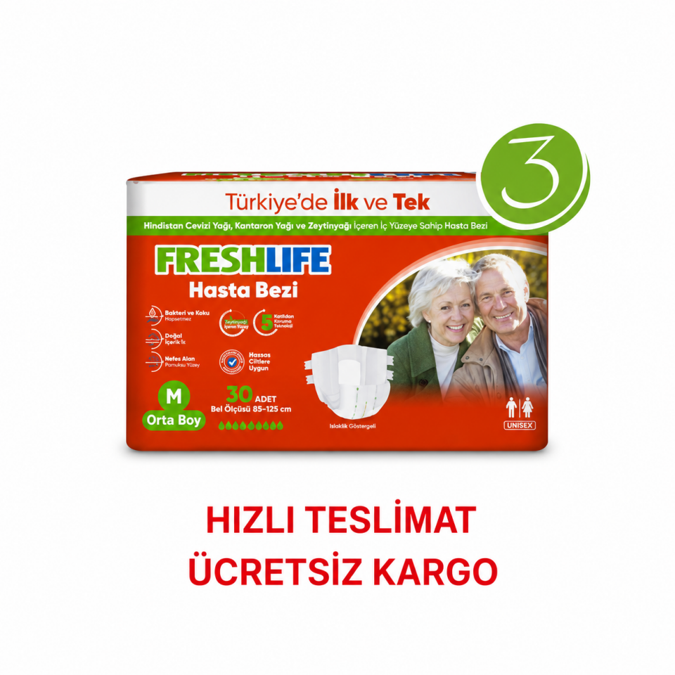 Freshlife M Beden Bel Bantlı Hasta Bezi 3 PAKET (90 ADET)
