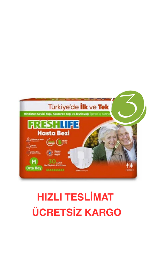 Freshlife M Beden Bel Bantlı Hasta Bezi 3 PAKET (90 ADET) Maksimum Emicilik & Maksimum Konfor ( EKONOMİK PAKET )