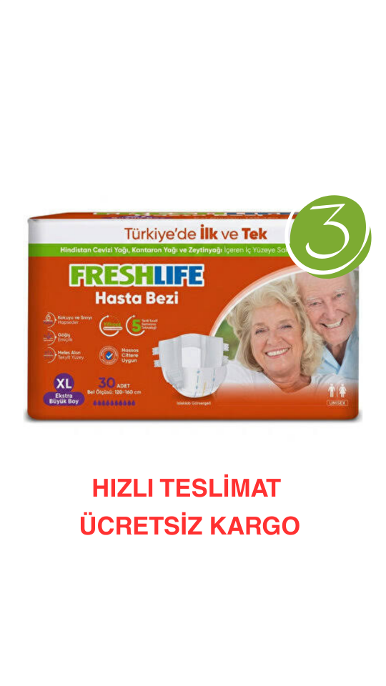 Freshlife XL Beden Bel Bantlı Hasta Bezi 3 PAKET (90 ADET)