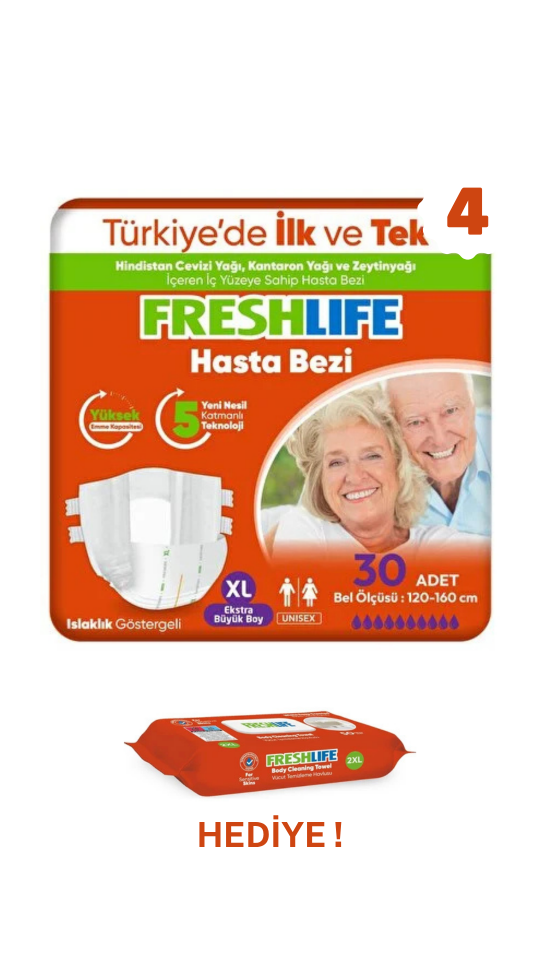 Freshlife XL Beden Bel Bantlı Hasta Bezi 4 PAKET (120 ADET)