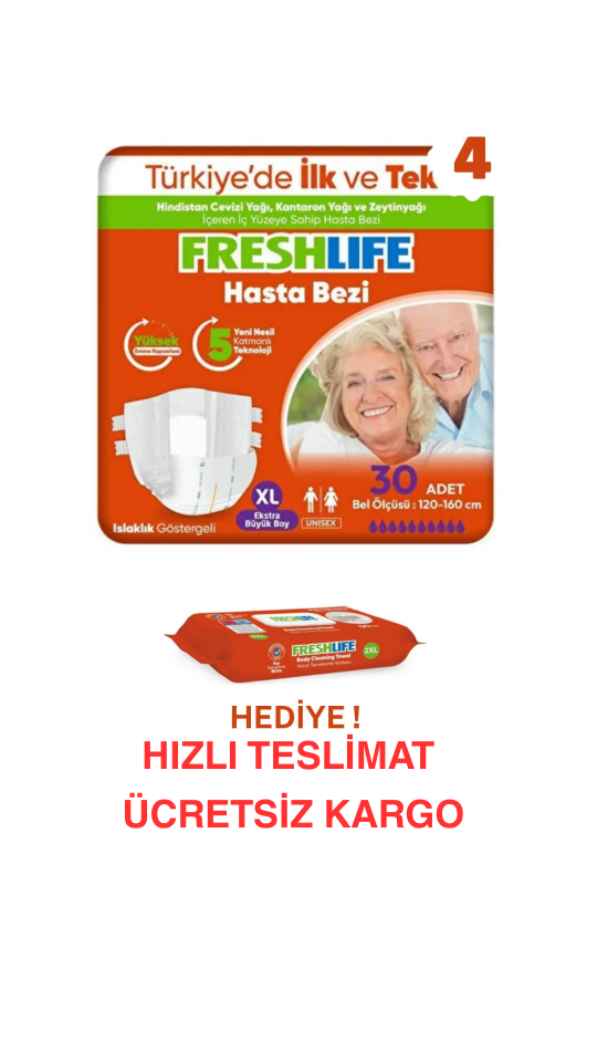 Freshlife XL Beden Bel Bantlı Hasta Bezi 4 PAKET (120 ADET)