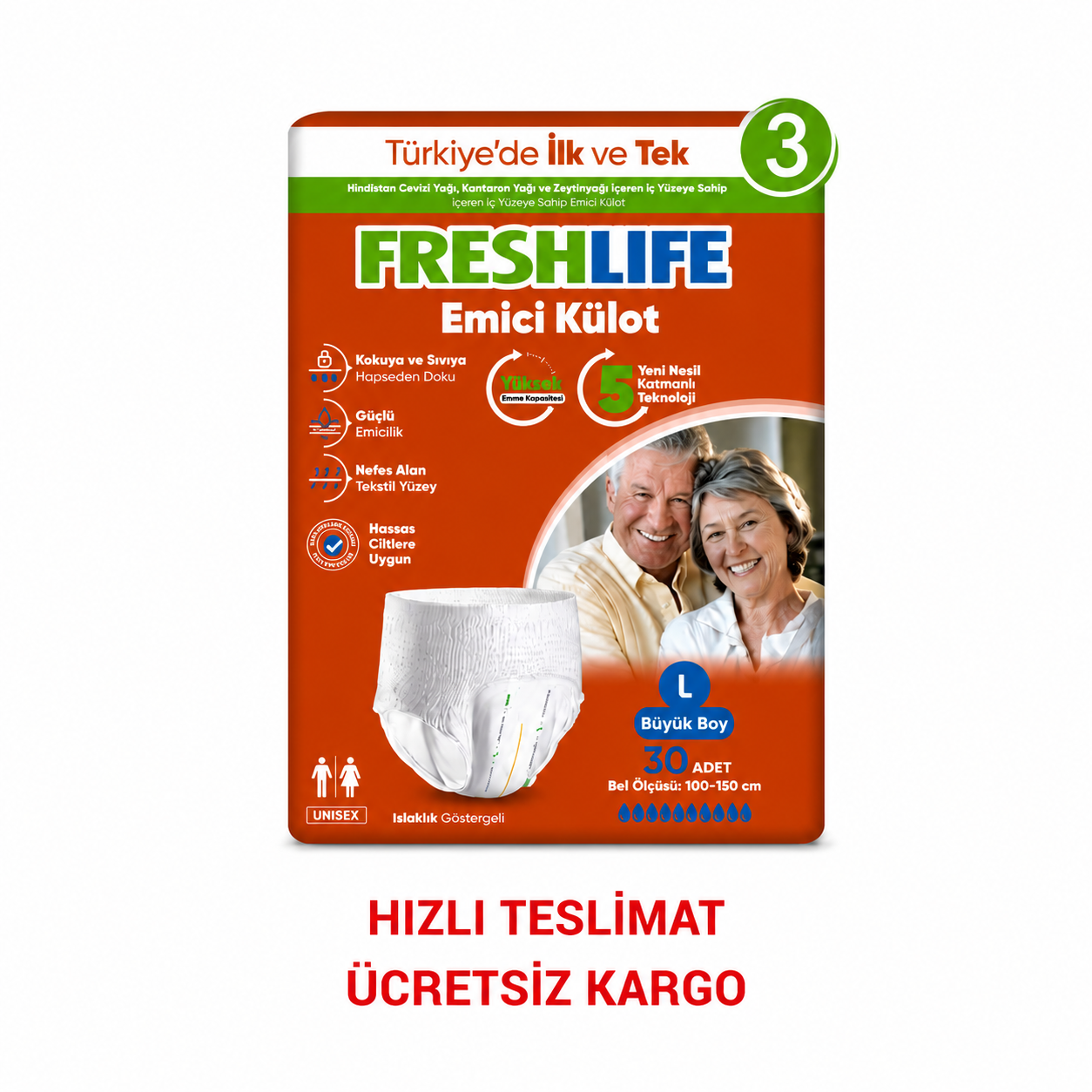 Freshlife L Beden Külot Hasta Bezi 3 PAKET (90 ADET)