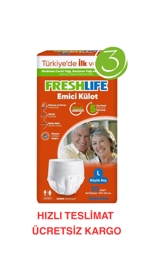 Freshlife L Beden Külot Hasta Bezi 3 PAKET (90 ADET) Maksimum Emicilik & Maksimum Konfor ( EKONOMİK PAKET )
