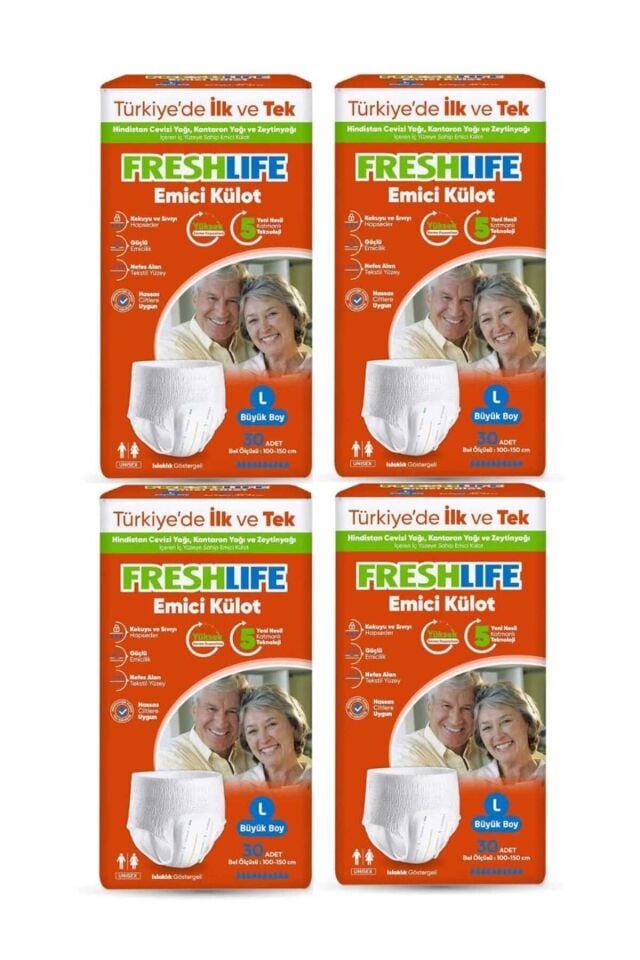 Freshlife L Beden Külot Hasta Bezi 4 PAKET (120 ADET) + Freshlife Vücut Temizleme Mendili Hediye ! Maksimum Emicilik & Maksimum Konfor ( EKONOMİK PAKET )