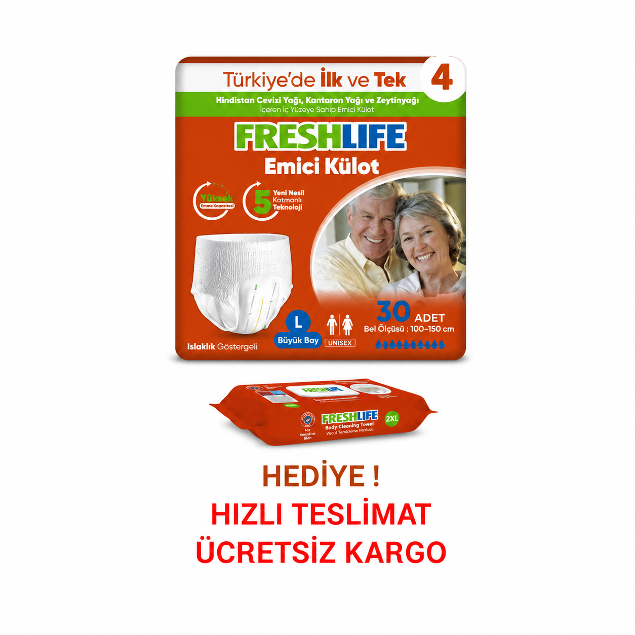 Freshlife L Beden Külot Hasta Bezi 4 PAKET (120 ADET)