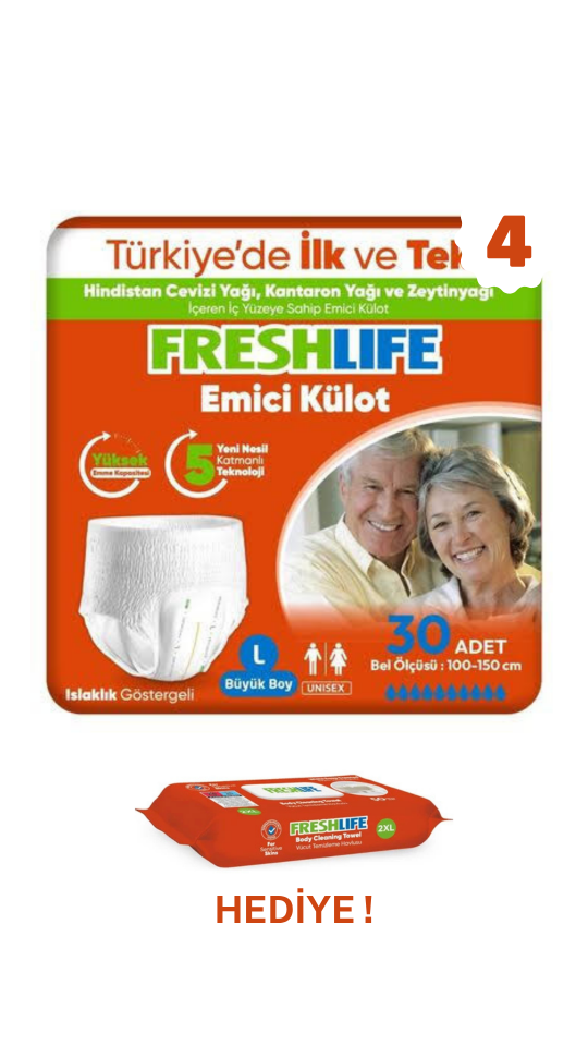 Freshlife L Beden Külot Hasta Bezi 4 PAKET (120 ADET) + Freshlife Vücut Temizleme Mendili Hediye ! Maksimum Emicilik & Maksimum Konfor ( EKONOMİK PAKET )