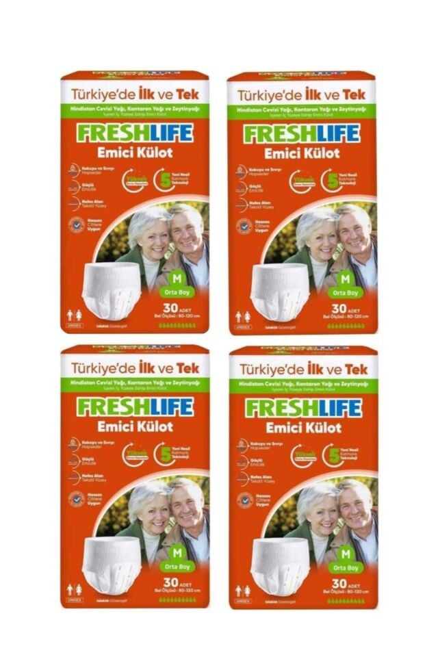 Freshlife M Beden Külot Hasta Bezi 4 PAKET (120 ADET) + Freshlife Vücut Temizleme Mendili Hediye !