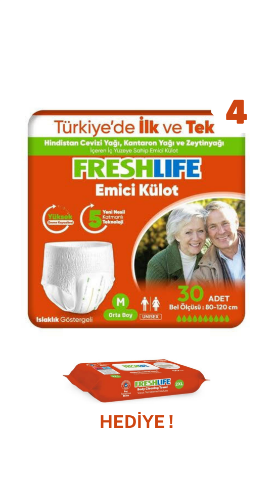 Freshlife M Beden Külot Hasta Bezi 4 PAKET (120 ADET) + Freshlife Vücut Temizleme Mendili Hediye ! Maksimum Emicilik & Maksimum Konfor ( EKONOMİK PAKET )