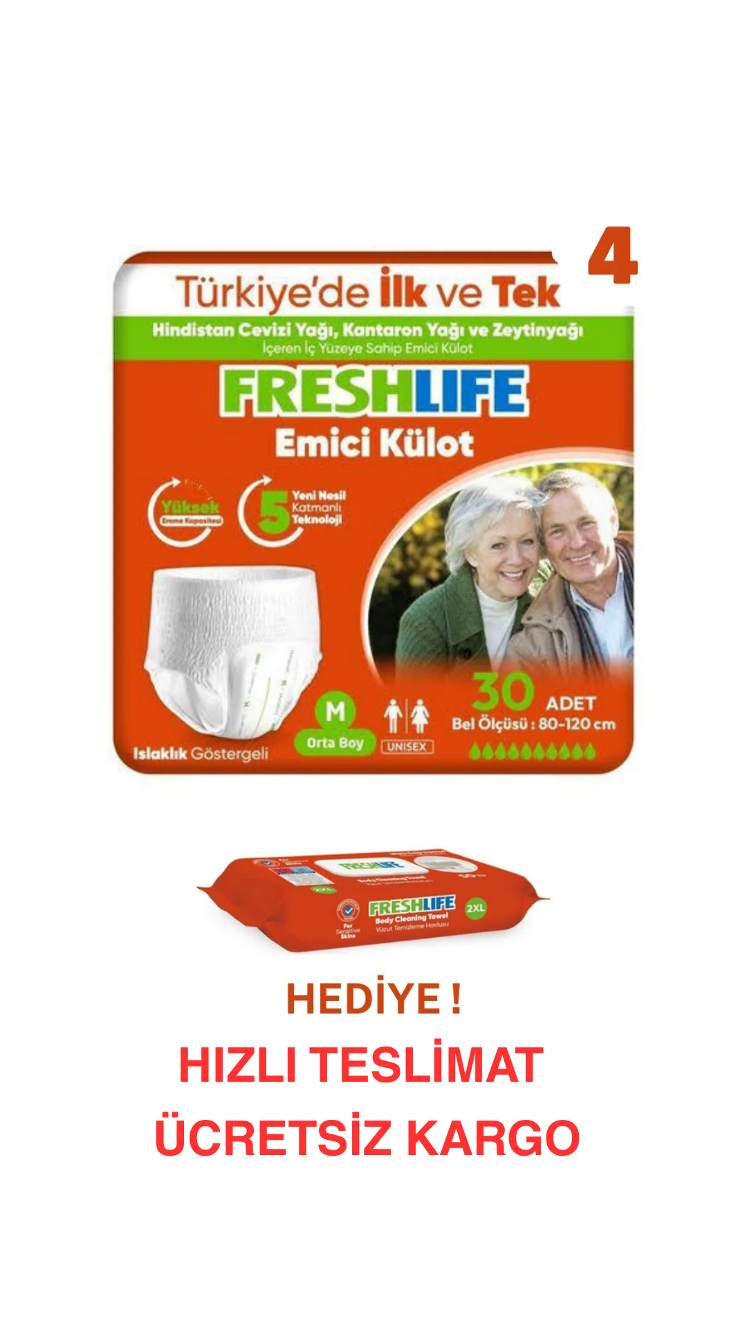 Freshlife M Beden Külot Hasta Bezi 4 PAKET (120 ADET) + Freshlife Vücut Temizleme Mendili Hediye ! Maksimum Emicilik & Maksimum Konfor ( EKONOMİK PAKET )
