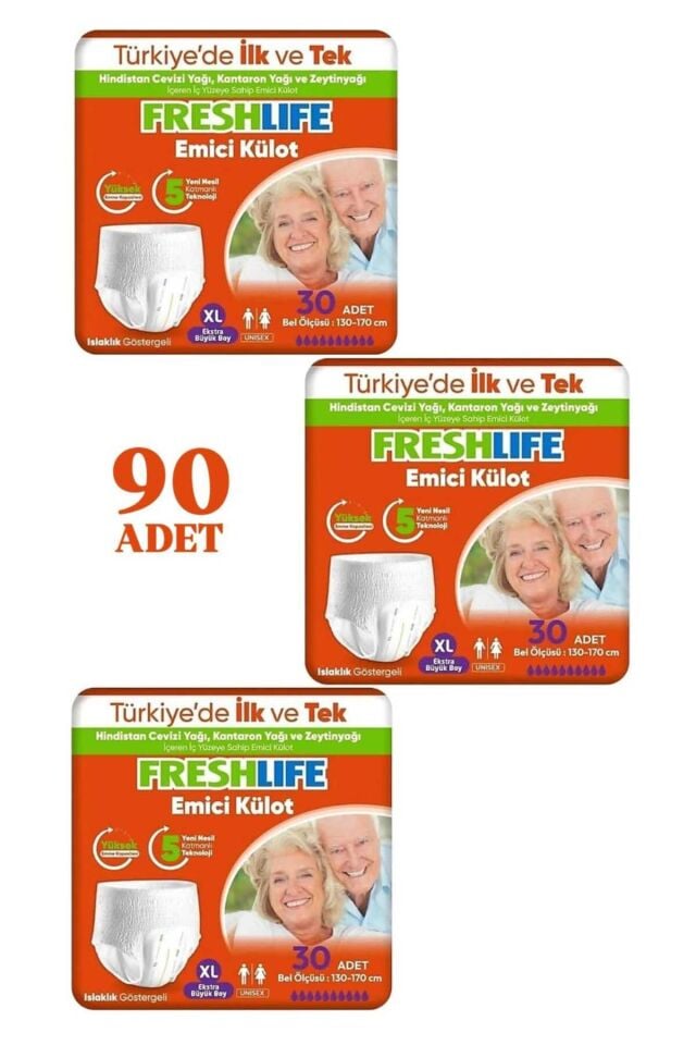 Freshlife XL Beden Külot Hasta Bezi 3 PAKET (90 ADET) Maksimum Emicilik &  Maksimum Konfor ( EKONOMİK PAKET )