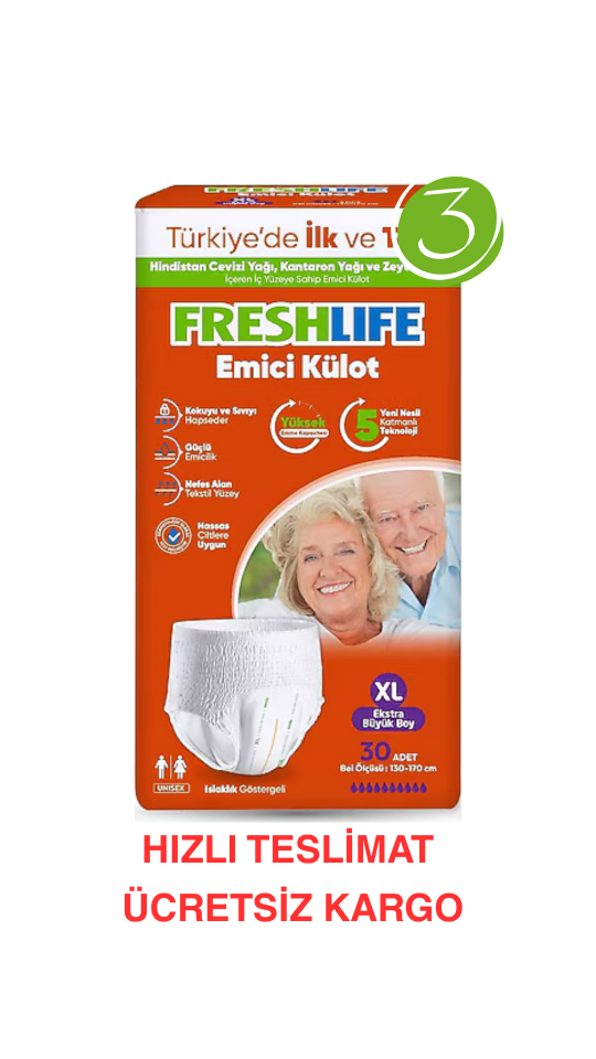 Freshlife XL Beden Külot Hasta Bezi 3 PAKET (90 ADET) Maksimum Emicilik &  Maksimum Konfor ( EKONOMİK PAKET )