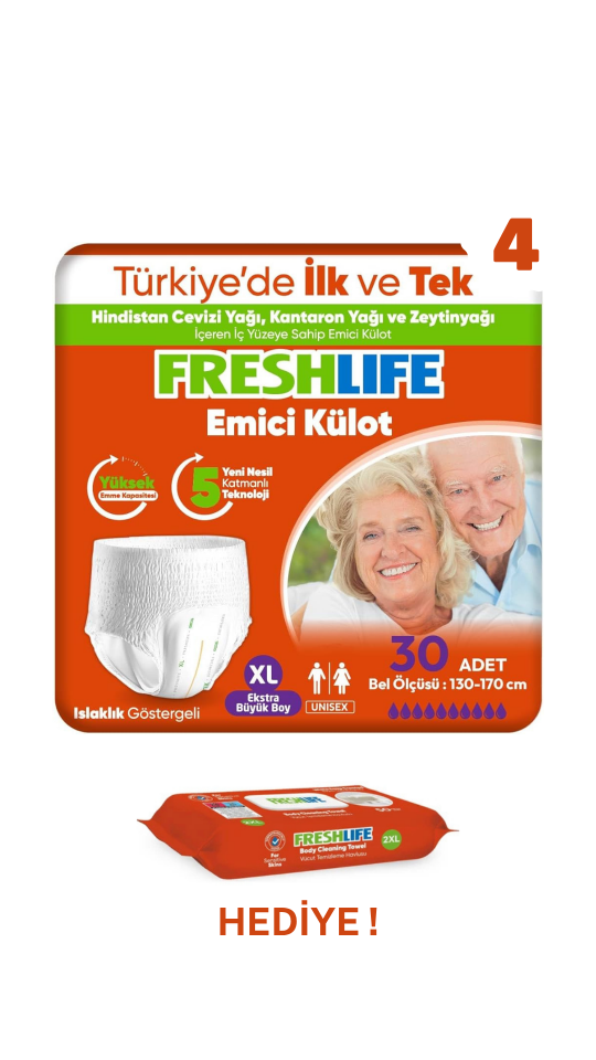 Freshlife XL Beden Külot Hasta Bezi 4 PAKET (120 ADET) + Freshlife Vücut Temizleme Mendili Hediye !