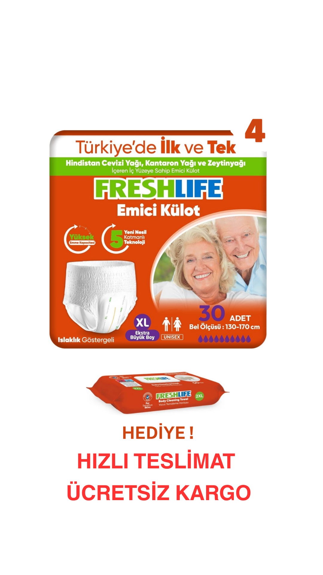 Freshlife XL Beden Külot Hasta Bezi 4 PAKET (120 ADET)