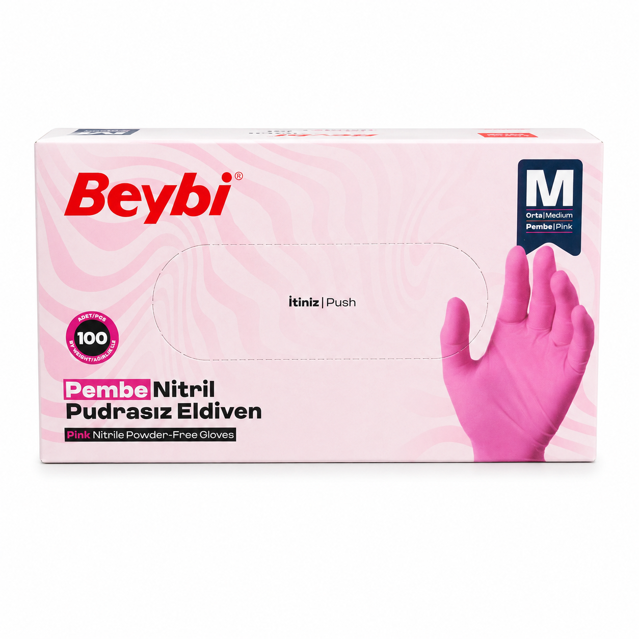 Beybi Pembe Nitril Pudrasız Muayene Eldiveni M Beden 100’lü