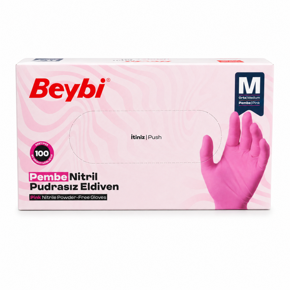 Beybi Pembe Nitril Pudrasız Muayene Eldiveni M Beden 100’lü