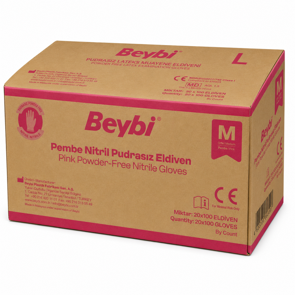 Beybi Pembe Nitril Pudrasız Muayene Eldiveni M Beden 100’lü