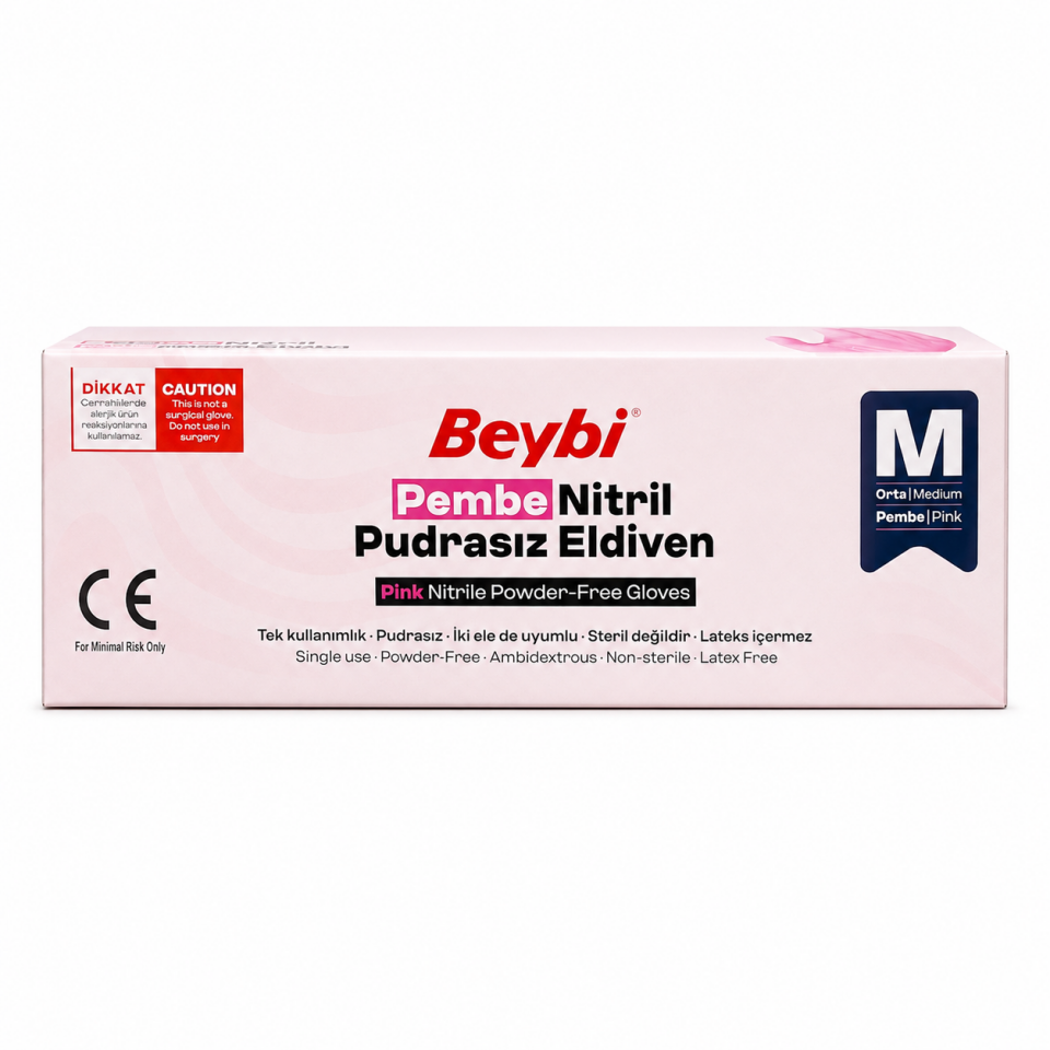 Beybi Pembe Nitril Pudrasız Muayene Eldiveni M Beden 100’lü