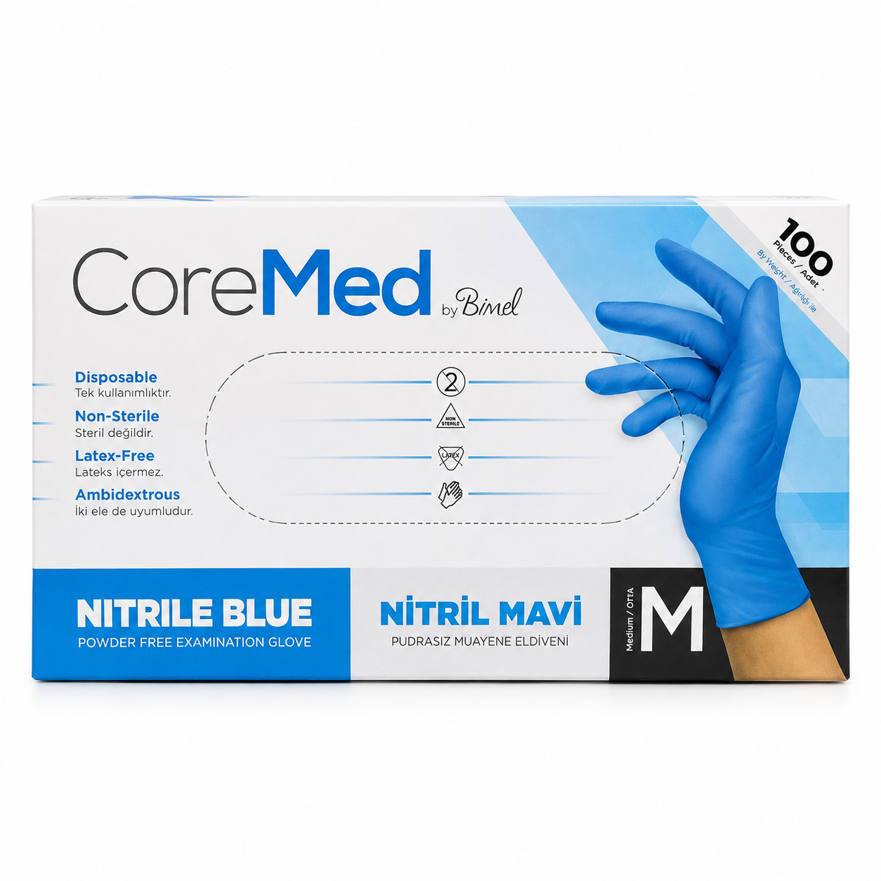 CoreMed Nitril Mavi Pudrasız Muayene Eldiveni M Beden 100’lü