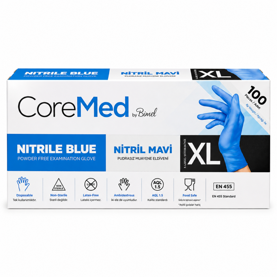 CoreMed Nitril Mavi Pudrasız Muayene Eldiveni XL Beden 100’lü