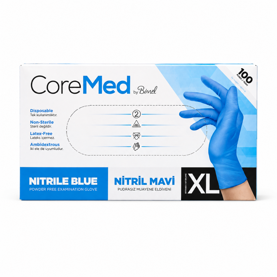 CoreMed Nitril Mavi Pudrasız Muayene Eldiveni XL Beden 100’lü