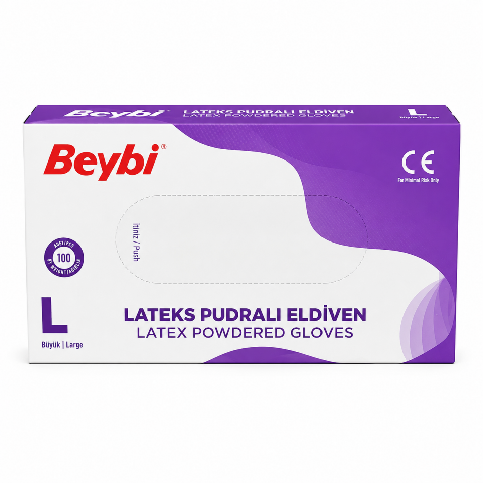 Beybi Lateks Pudralı Muayene Eldiveni L Beden 100’lü