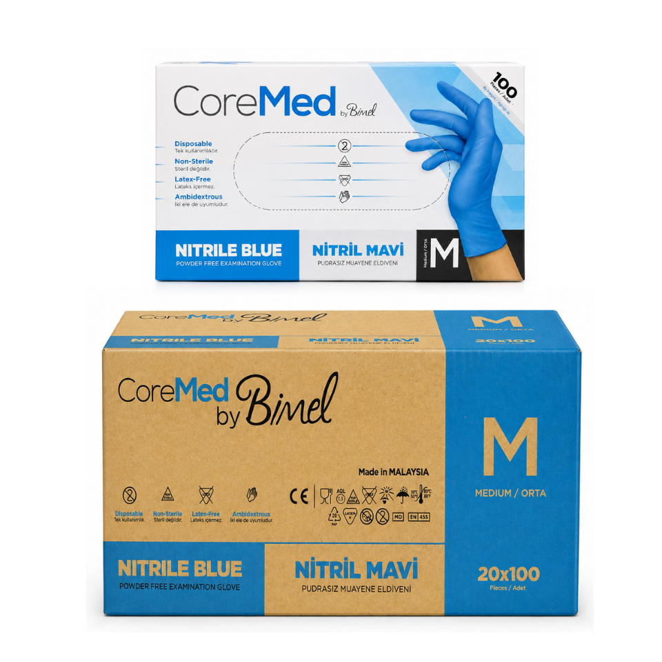 CoreMed Mavi Nitril Pudrasız Muayene Eldiveni M 20x100 Koli