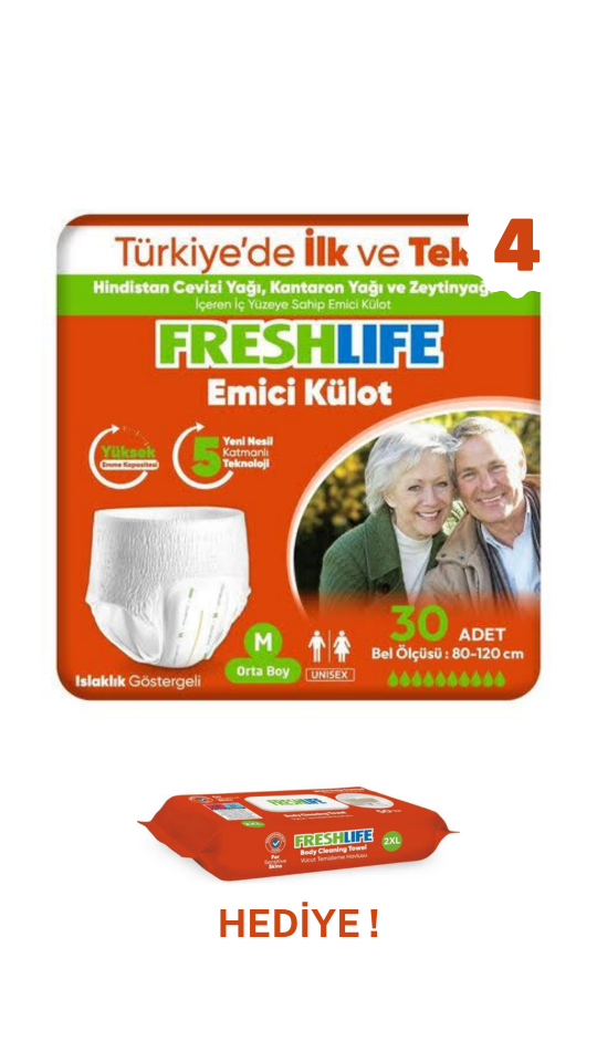Freshlife M Beden Külot Hasta Bezi 4X30 120 ADET + Freshlife Vücut Temizleme Mendili Hediye ! Maksimum Emicilik & Maksimum Konfor ( EKONOMİK PAKET )