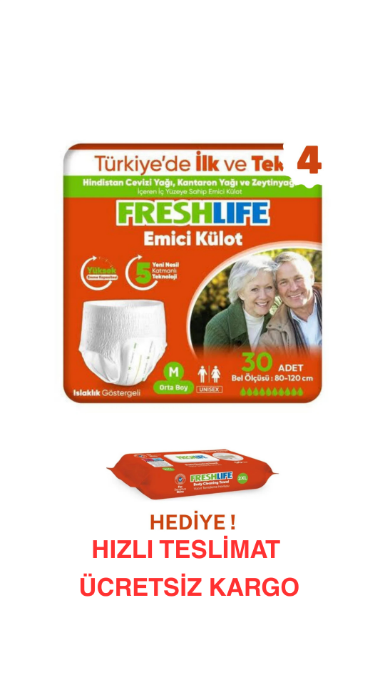 Freshlife M Beden Külot Hasta Bezi 4X30 120 ADET + Freshlife Vücut Temizleme Mendili Hediye ! Maksimum Emicilik & Maksimum Konfor ( EKONOMİK PAKET )