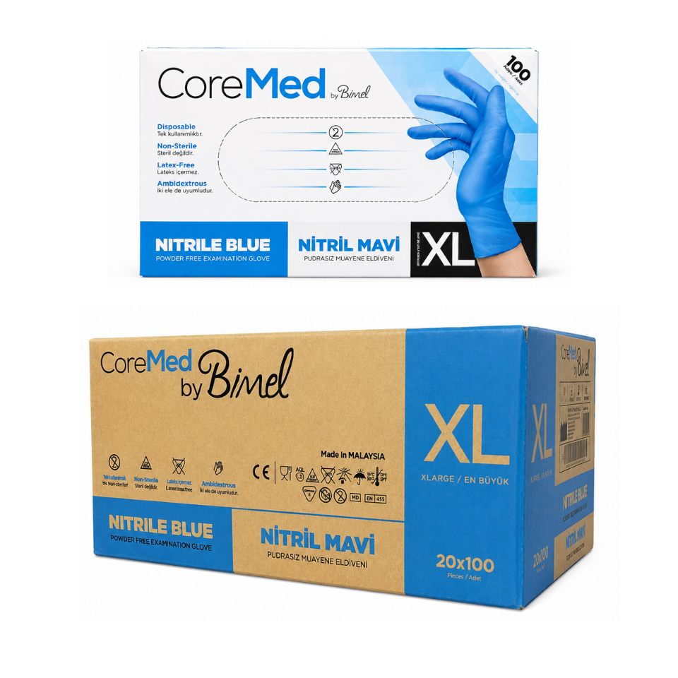 CoreMed Mavi Nitril Pudrasız Muayene Eldiveni XL 20x100 Koli