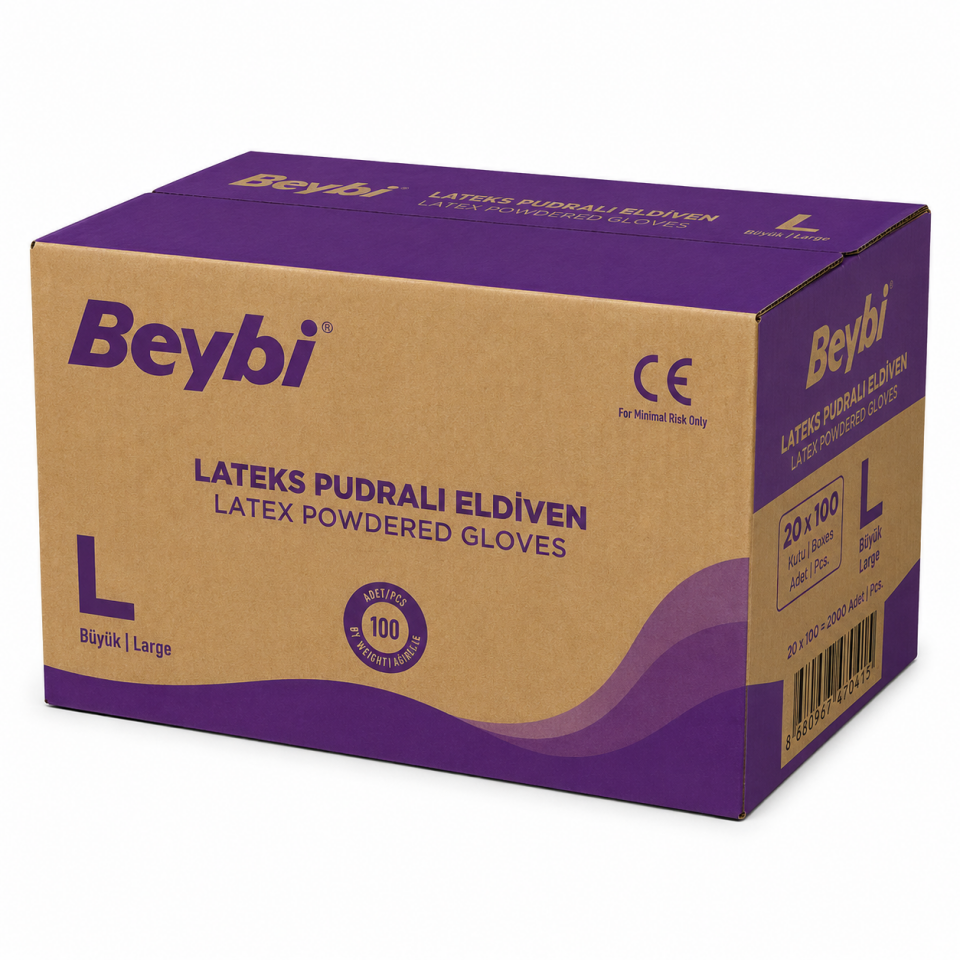 Beybi Pudralı Lateks Muayene Eldiveni L 20x100 Koli