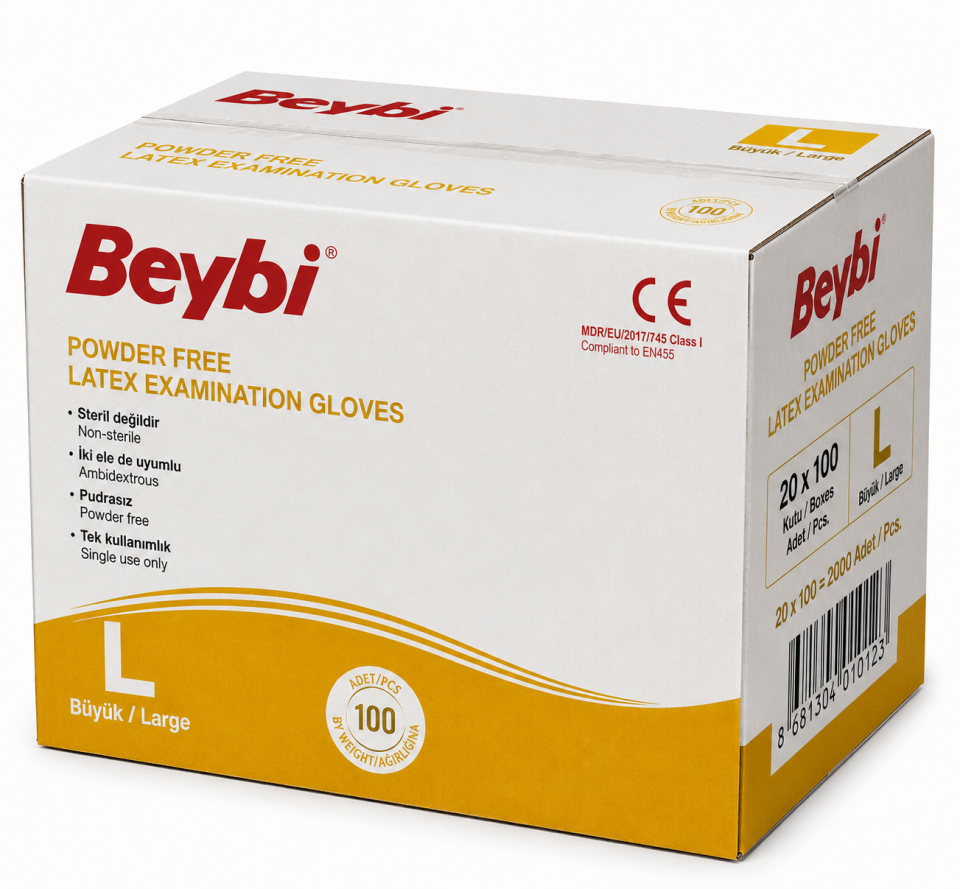 Beybi Pudrasız Lateks Muayene Eldiveni L 20x100 Koli