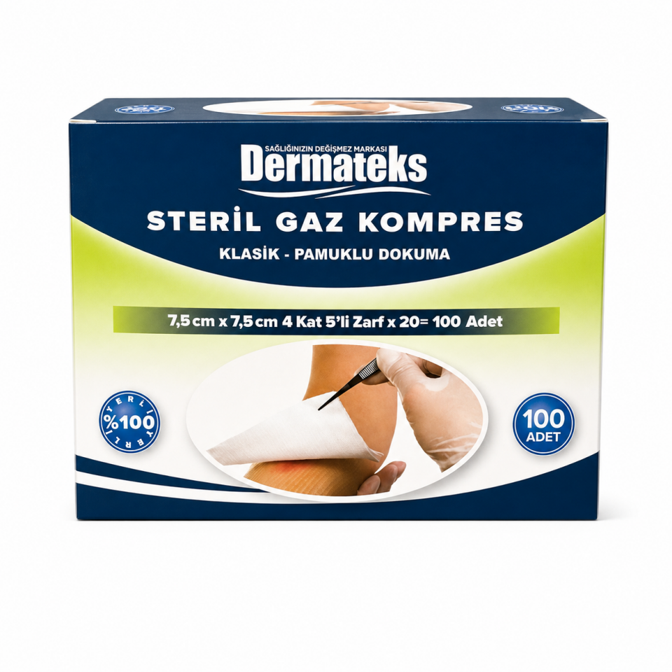 Dermateks Steril Gaz Kompres 7,5x7,5 cm 4 Kat 5’li Zarf 100 Adet